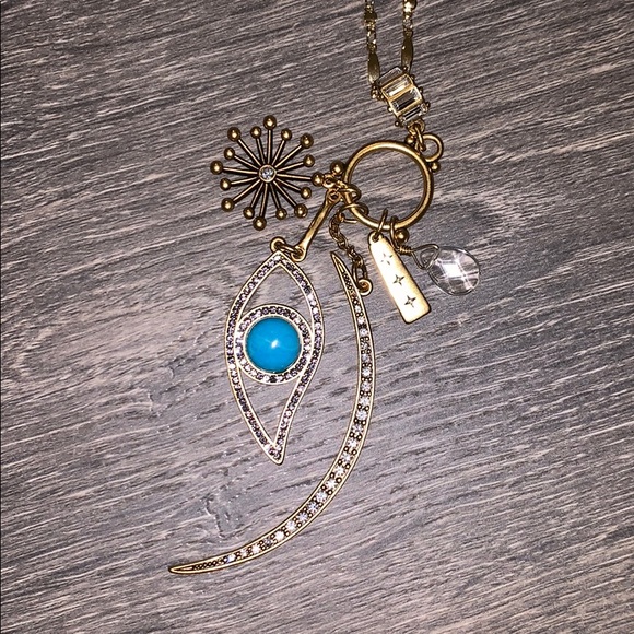 New Turquoise Evil Evil Rhinestone Horn Starburst Charm Long Necklace 18k plated - Picture 3 of 4